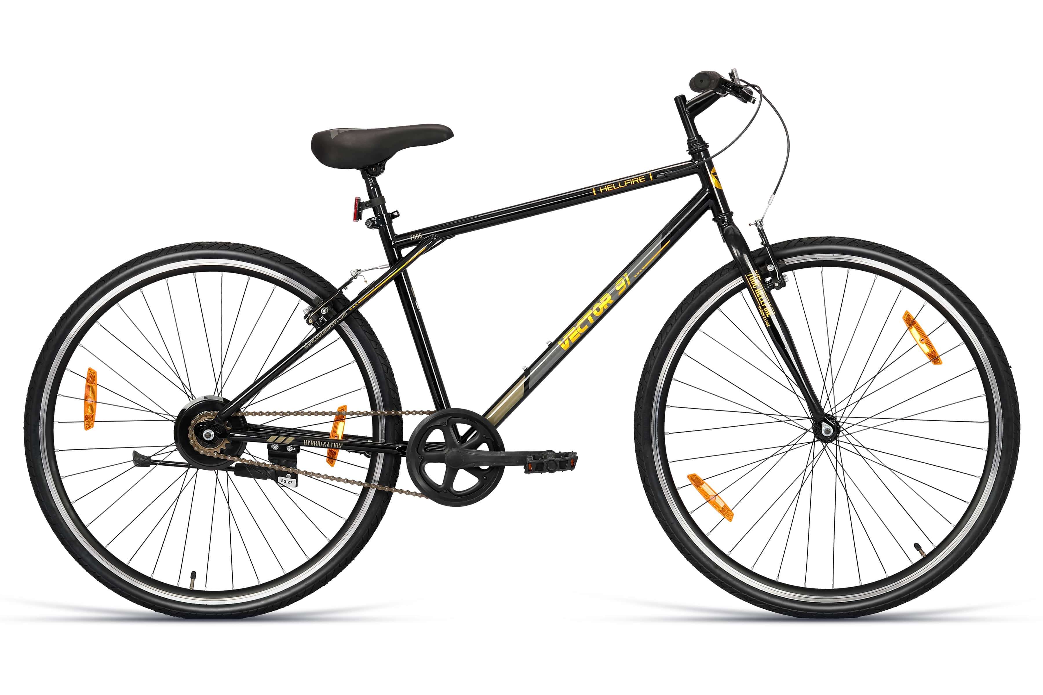 Top Selling Hybrid Bikes - HellFire 700C Single Speed Black Gold at Rs. 7999 by Ninety One Cycle