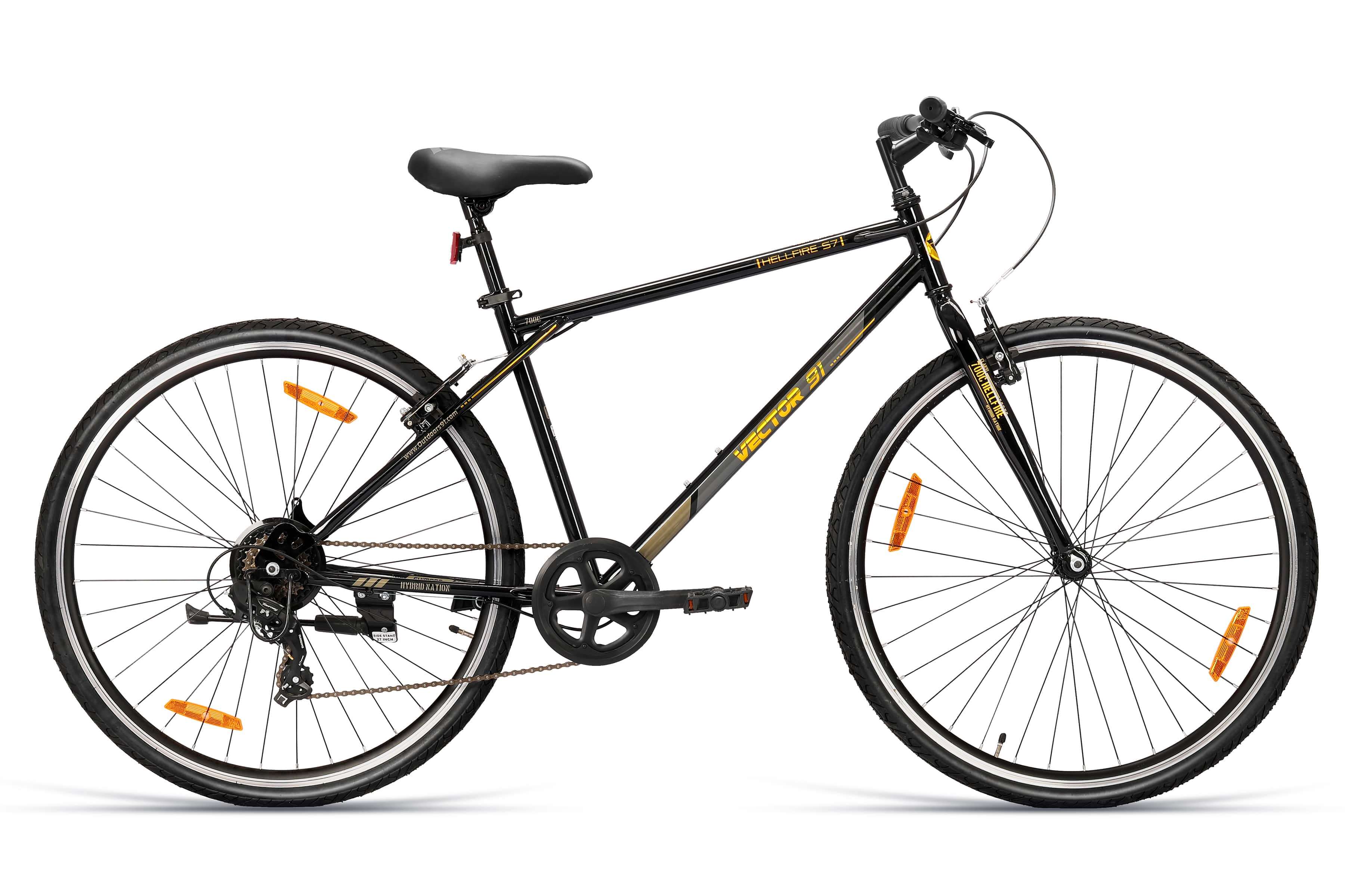 Top Selling Hybrid Bikes - HellFire 700C 7S Black Gold at Rs. 9999 by Ninety One Cycle